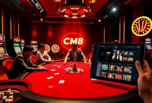 CM88 players enjoying a thrilling poker game amid flashy slot machines and roulette bets.