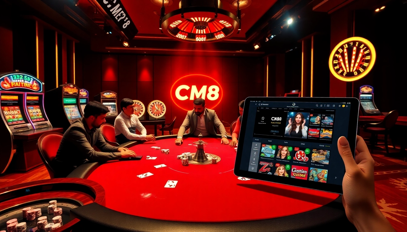 CM88 players enjoying a thrilling poker game amid flashy slot machines and roulette bets.