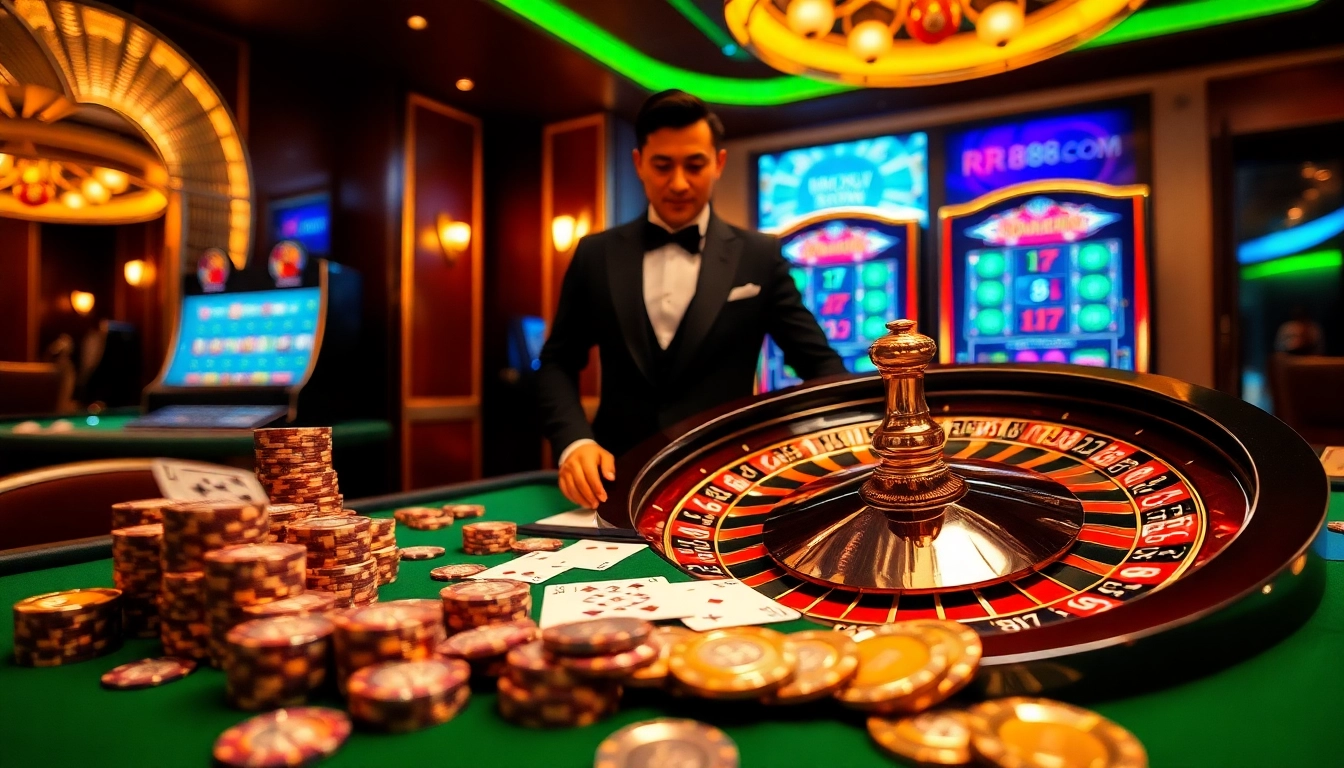 Action-packed gaming scene at rr88com with poker chips, cards, and a roulette wheel.