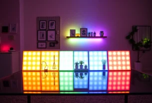 Nanoleaf Block Test showing vibrant RGB lighting in an elegant room setup.