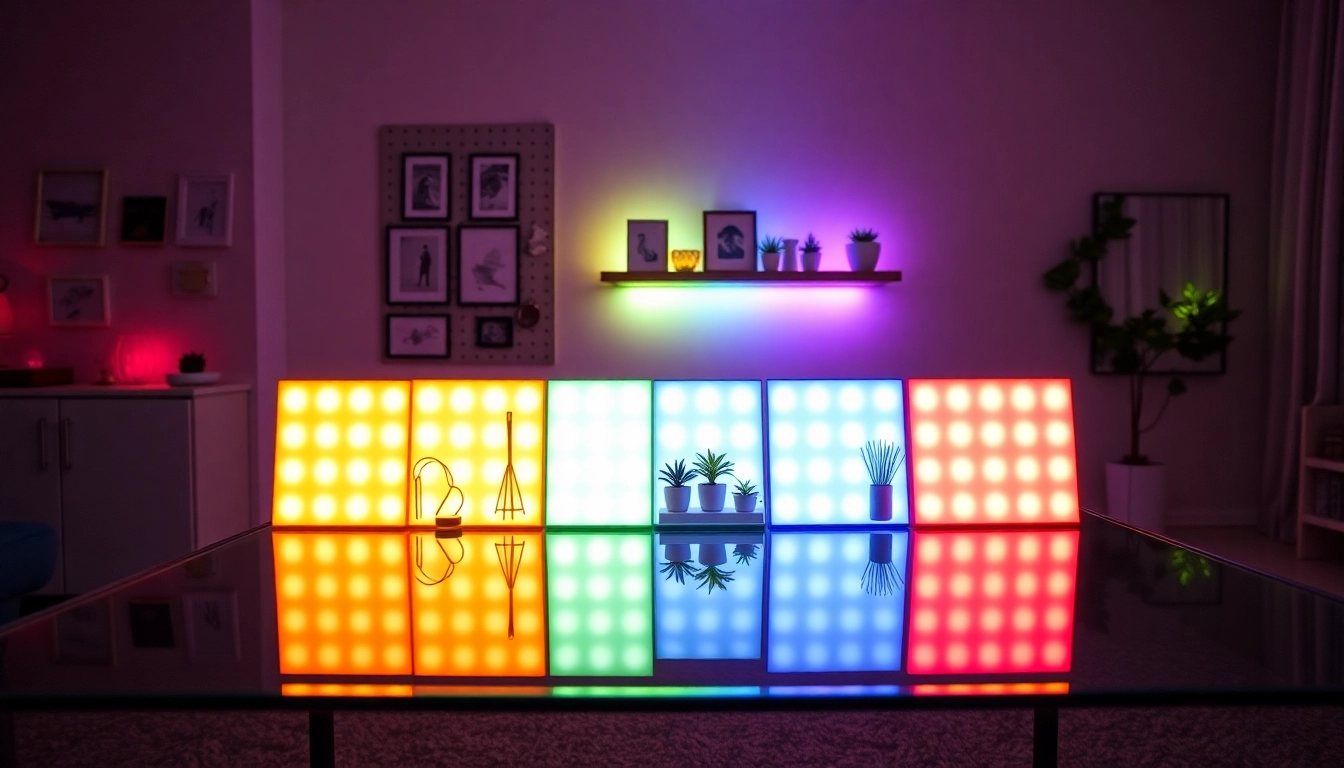 Nanoleaf Block Test showing vibrant RGB lighting in an elegant room setup.