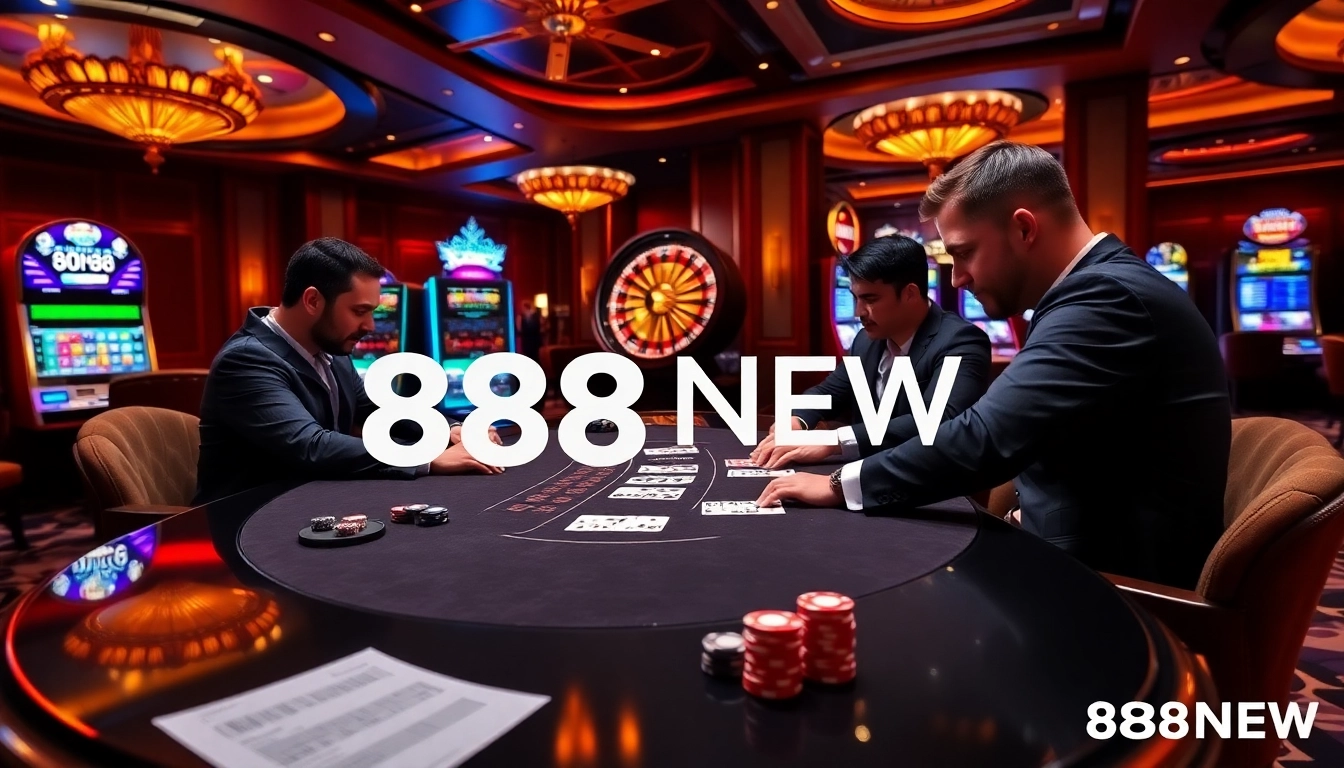 Experience the excitement of 888NEW with a high-stakes poker game in a luxurious casino setting.