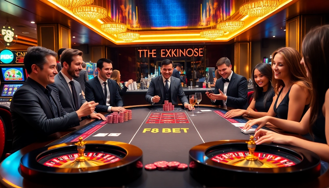 Experience the thrill of F8 BET at a luxurious casino table surrounded by excited players and vibrant gaming elements.