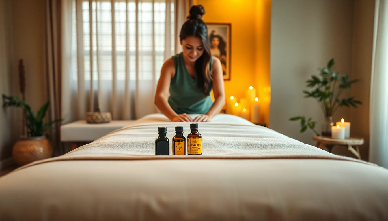 전문 치료사가 차분한 세션을 준비하는 오산출장마사지의 편안한 장면.