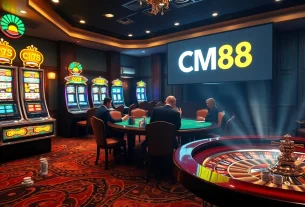 Players embrace excitement at the CM88 poker table with vibrant chips and cards.