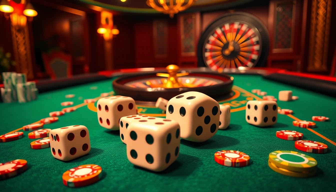 Exciting game scene showcasing tài xỉu md5 with vibrant dice rolling and poker chips on a luxurious casino table.