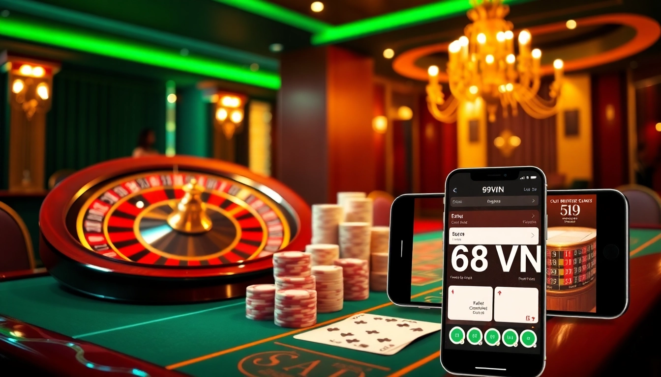 Engaging scene depicting 69VN casino gaming with roulette, poker chips, and online interface.