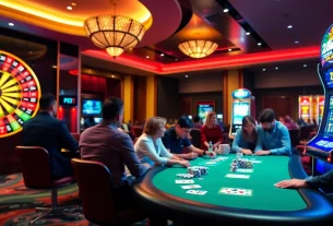 Exciting gaming atmosphere at 28BET with players enjoying poker and roulette.