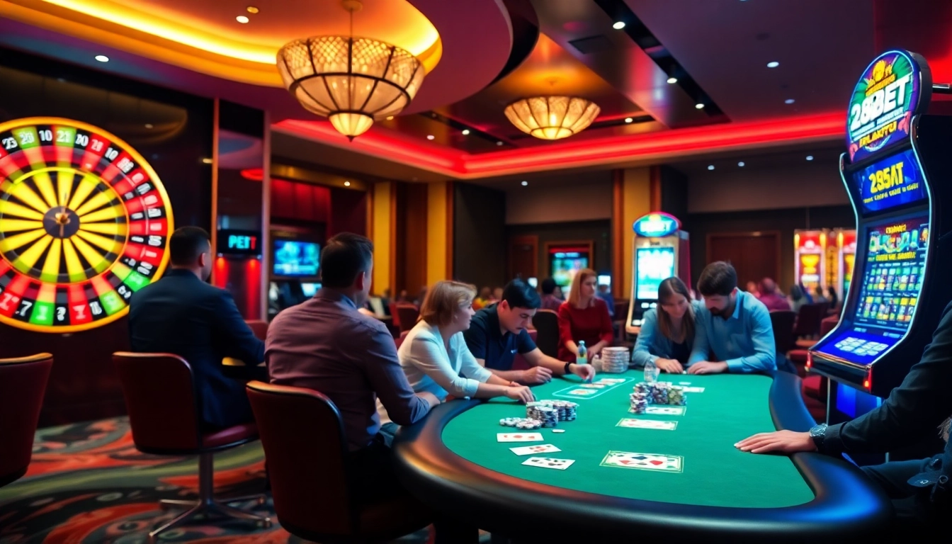 Exciting gaming atmosphere at 28BET with players enjoying poker and roulette.