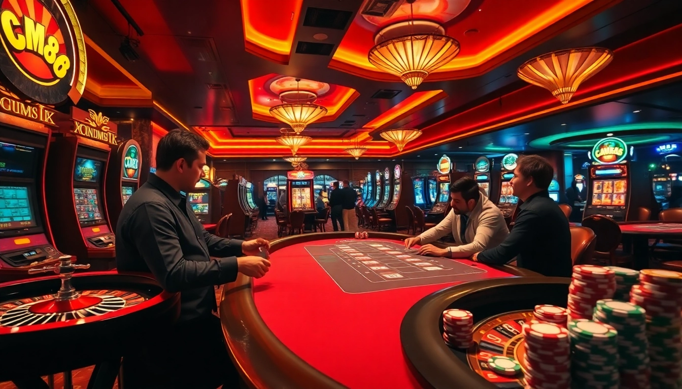 Experience the thrill of CM88 gaming with vibrant casino tables and poker chips.