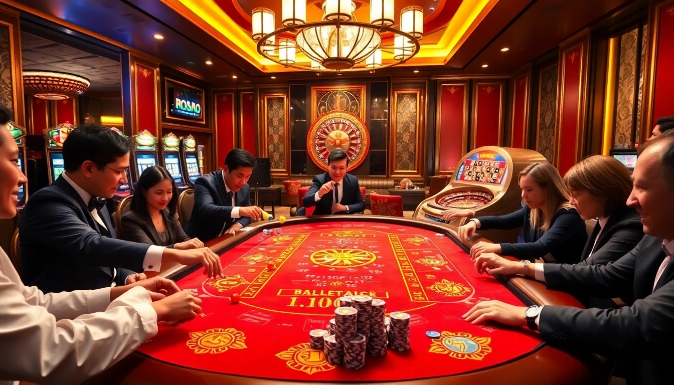 Players enjoying xocdia88 at a vibrant casino table with dice and chips.