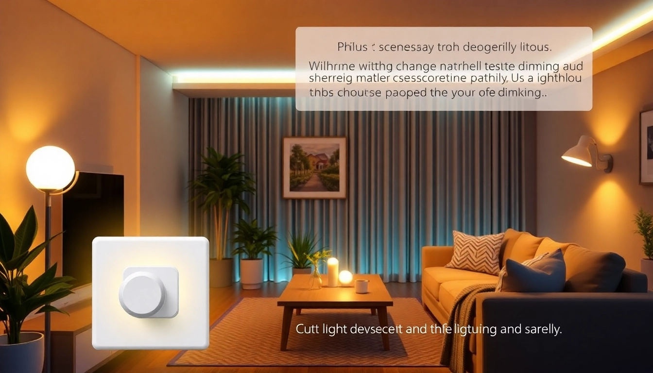 Philips Hue Tipps präsentiert in einem gemütlichen Wohnzimmer mit intelligenten Lichtszene und einem Hue Dimmer Switch.