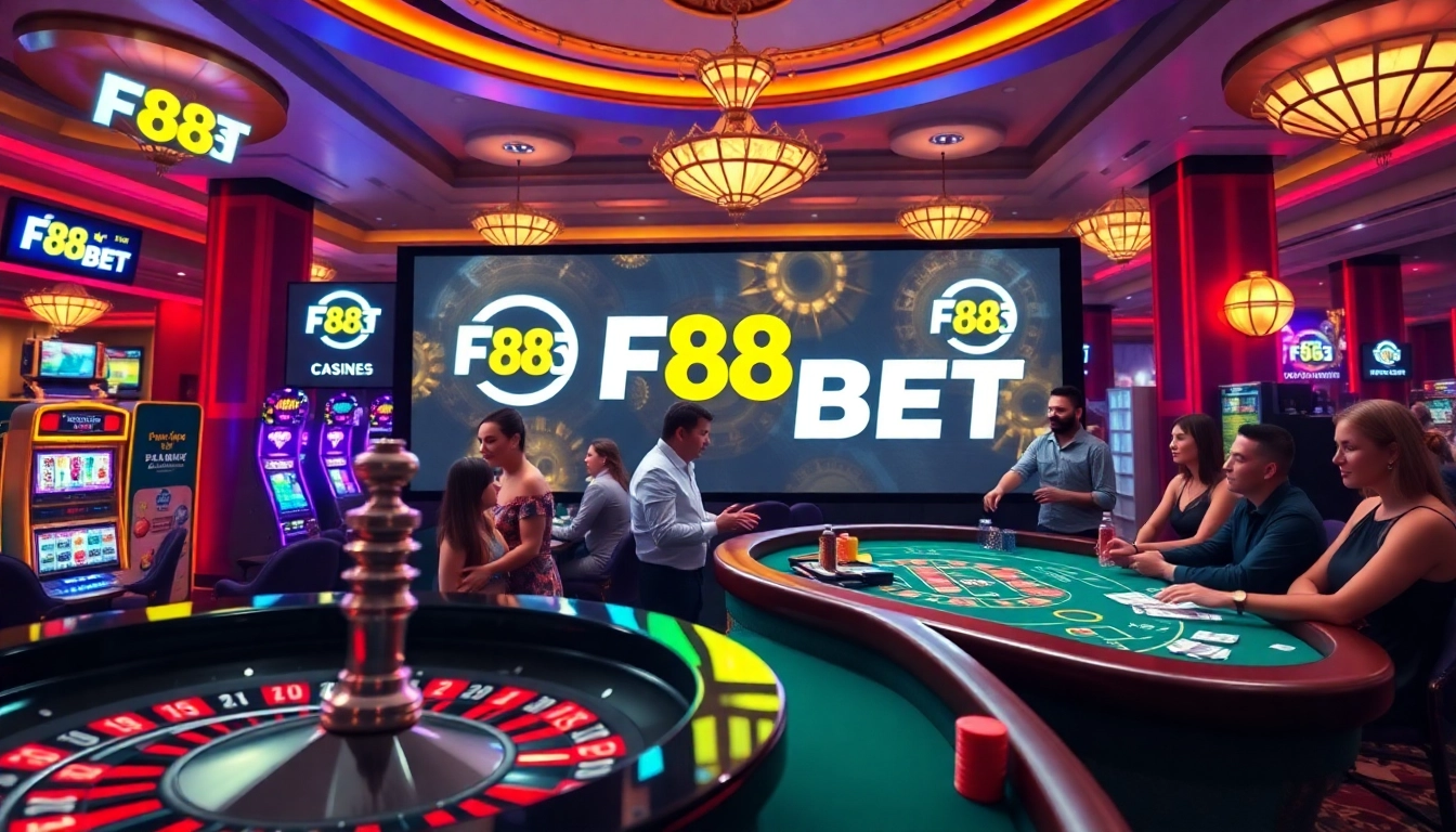 Players enjoying exciting F88BET gambling action at a vibrant casino atmosphere.