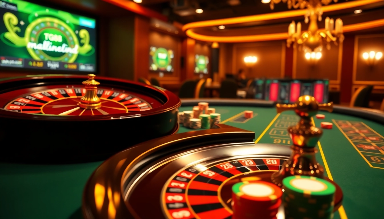 Experience the excitement of online gambling with tg88's vibrant casino interface filled with roulette, poker, and betting elements.