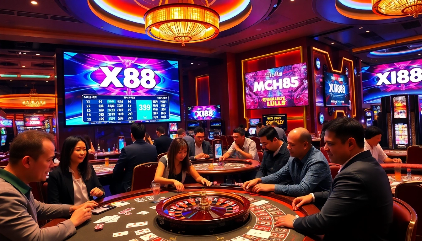 Xin88 online gamblers enjoying an advanced casino experience with poker chips and vibrant gaming screens.