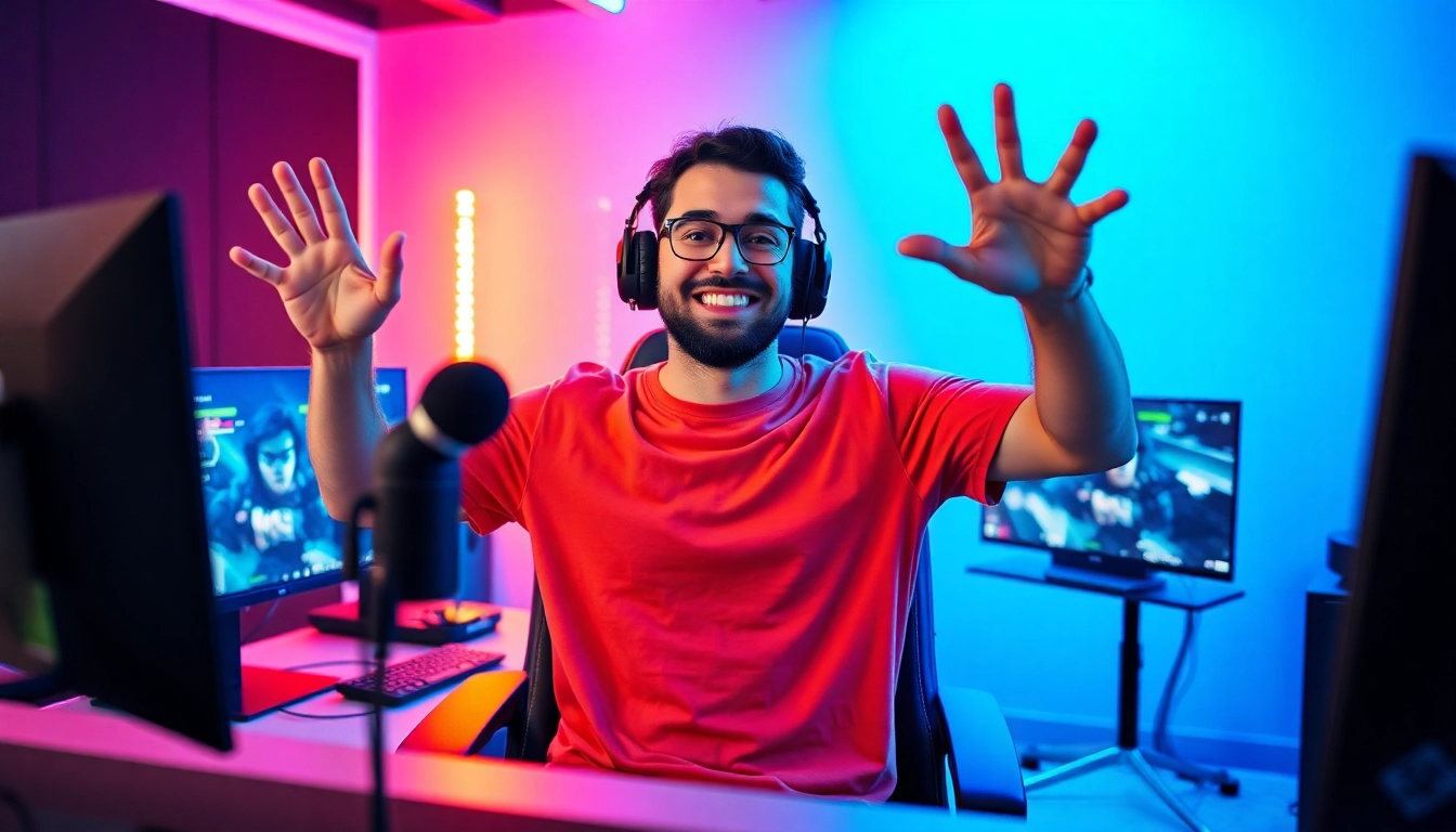 Twitch Streamer Österreich beim Gaming in einem modernen Setup mit bunten Lichtern.
