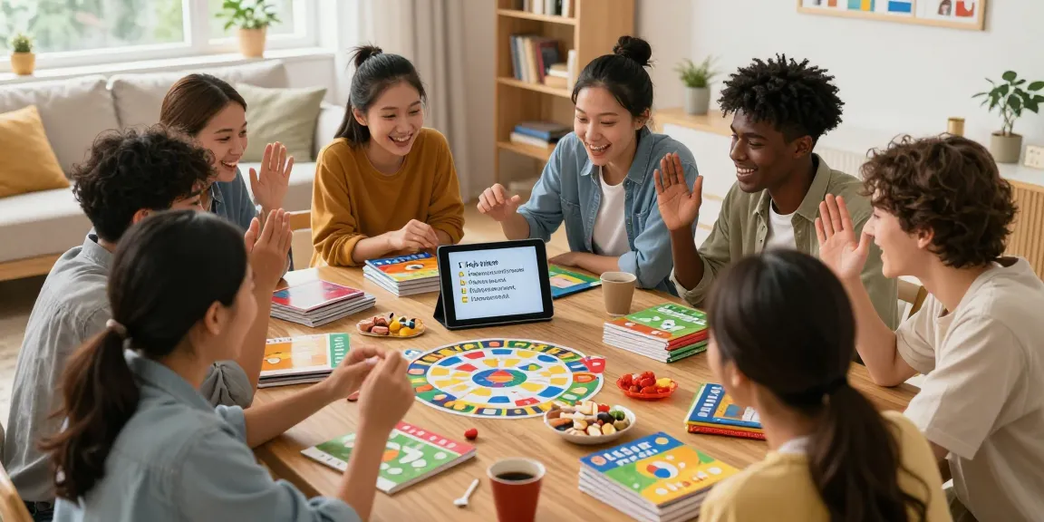 Quiz Allgemeinwissen Spaß mit Freunden in einladendem Wohnraum, digitale Quizfragen auf Tablet.