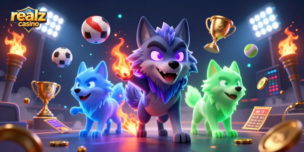 Experience realz casino with ghostly wolves and dynamic sports elements in this rich 3D illustration.
