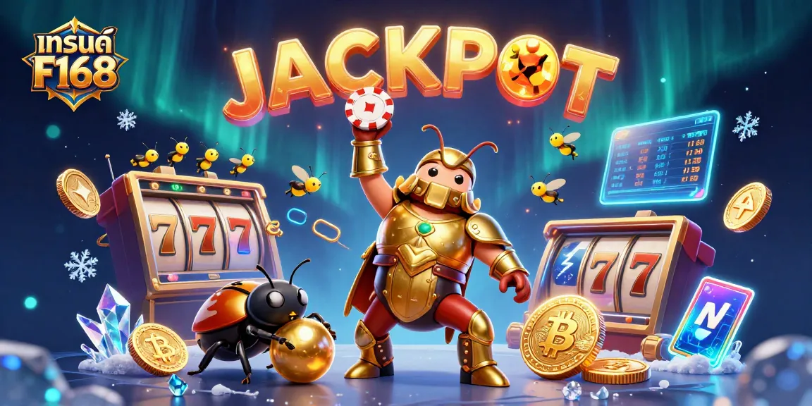Experience thrilling slots with แบรนด์ F168 featuring a heroic beetle in a casino victory pose.