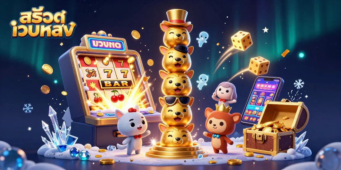 Win big with สล็อตเว็บตรง illustrated by a dynamic casino scene featuring gold, coins, and slot elements.