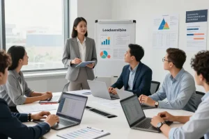 Schlechte Führung erkennen: Teamdiskussion über Führungskompetenzen in modernem Büro.